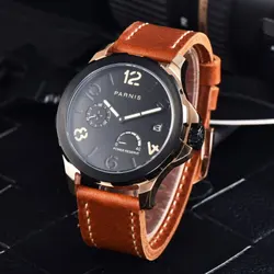 Luxuury 44mm Parnis Top Brand Automatic Men Menchanical Watches Luminous PVD Case Power Reserve Leather Strap