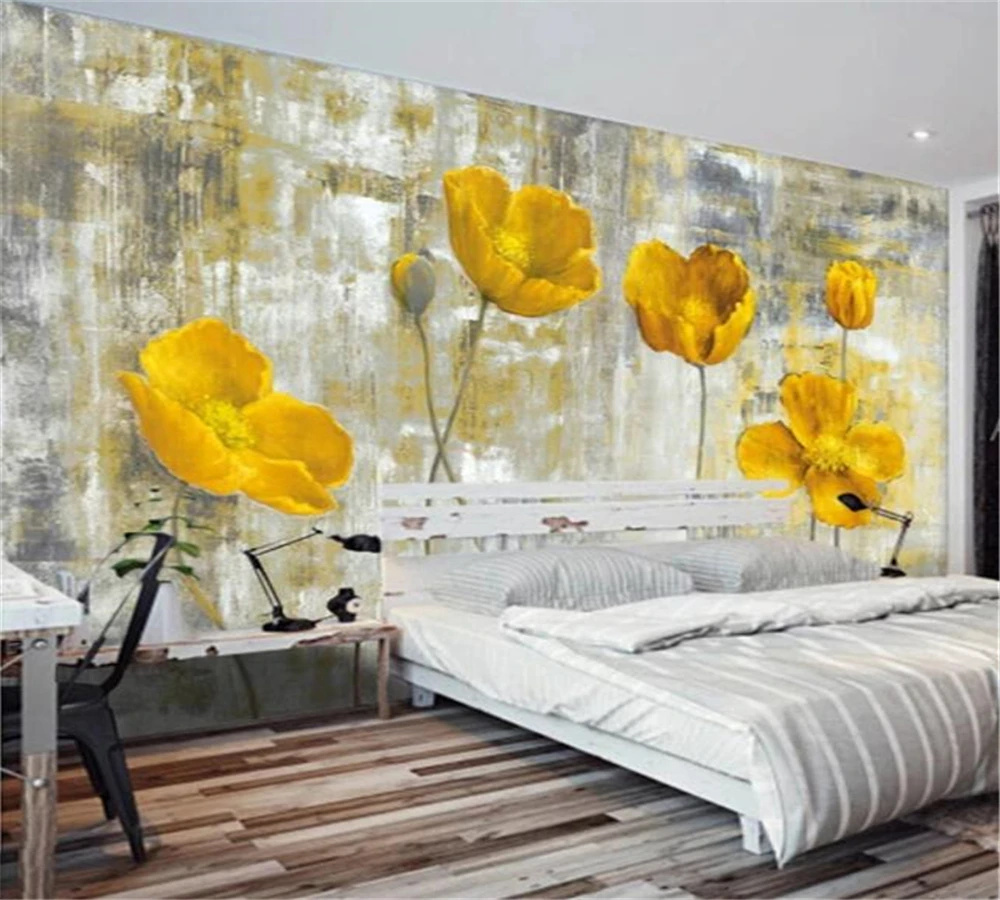 beibehang Custom wallpaper 3D mural aestheticism dream retro grey bottom yellow blooming poppy oil painting background wallpaper