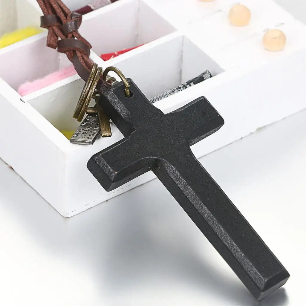 BONISKISS Vintage Wood Cross Crucifix Necklaces for Men Women Adjustable Rope Cord Sweater Chain Religious Prayer Unisex Jewelry