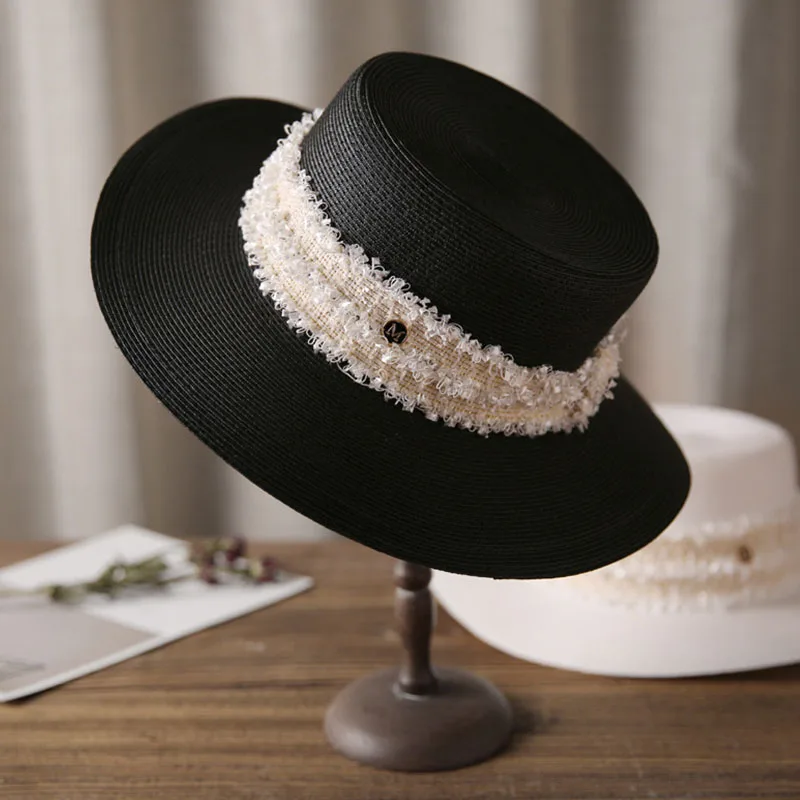 Elegant Lace Trim White Black Wide Brim Sun Hat for Women Adjustable Flat Paper Straw Canotier UPF 50+ Beach Hat Lady Summer Hat