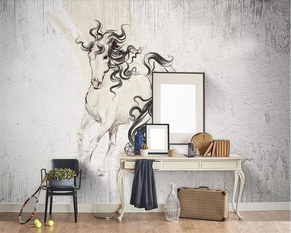 

Beibehang 3d wallpaper Nordic abstract cement wall background walls ink horse abstract living room bedroom TV background mural