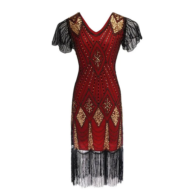 W stylu Vintage 1920 s w stylu Art Deco zroszony olśniewająca zdobione sukienka klapy V Neck Butterfly rękawem tunika Bodycon Gatsby sukienka na imprezę Vestido