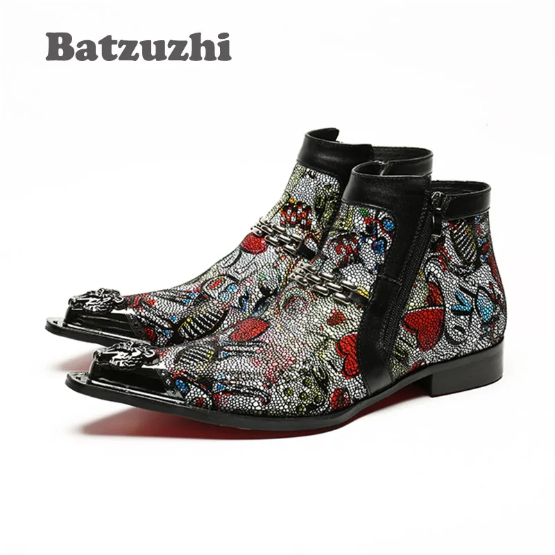 

Batzuzhi Italian Style Handmade Men Boots Pointed Iron Toe Designer Short Boots Leather Zipper High Help Men's Boots Colorful