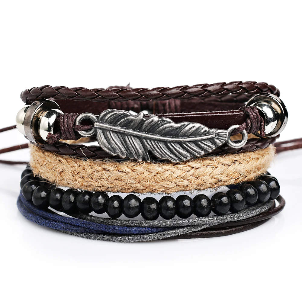 2024 Trend Jewelry Vintage Handwork Weave Multi-layer Leather Bracelet Charm Jewelry Leaves Beads Cuff Bracelets For Man