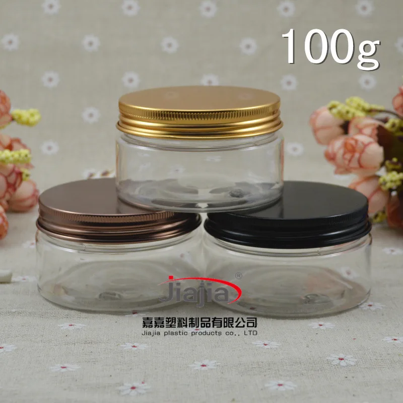 

50pcs 100ml clear Cream Jar ,Cometic Packaging 100g PET Jar ,Plastic Container gold black or bronze Aluminum Cover jars