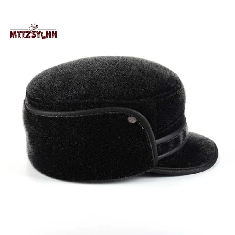 Winter Thicken Flat Top Bomber Hats Men Top Quality Russian Snow Hat with Earflaps Retro Faux Fur Warm Outdoor Bonnet for Men