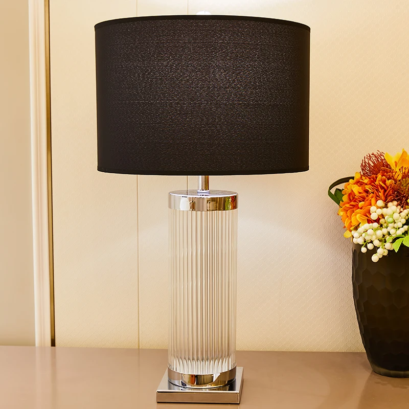 TUDA Black Lampshade Clear Glass Table Lamp For Bedroom Stainless Steel Crystal Column Led Table Lamps For Study Room 110v 220v