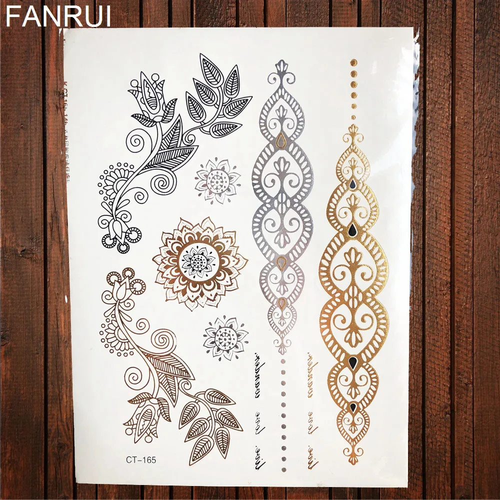 Golden Metallic Bracelet Temporary Tattoo Henna Mandala Flower Girl Tattoo Stickers Indian Chain Women Arm Flash Fake Tatoos Leg