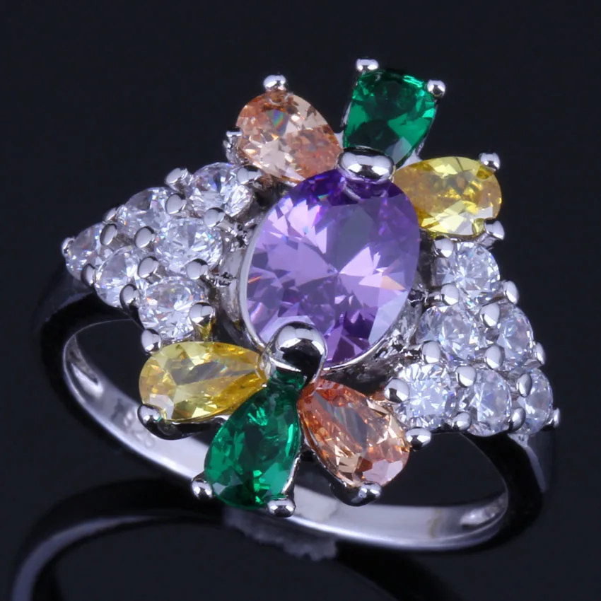 Sublime Plant Multigem Multicolor Yellow Cubic Zirconia White CZ Silver Plated Ring V0636