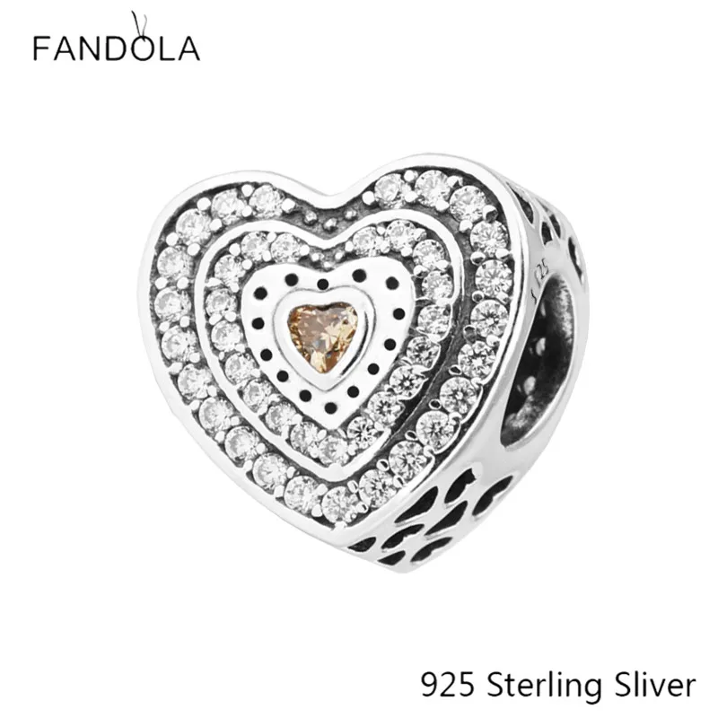 

925 Sterling Silver Lavish Heart Charm Bead, Fancy-Colored & Clear CZ Fits for Brand Charm DIY Bracelet Jewelry Making Love