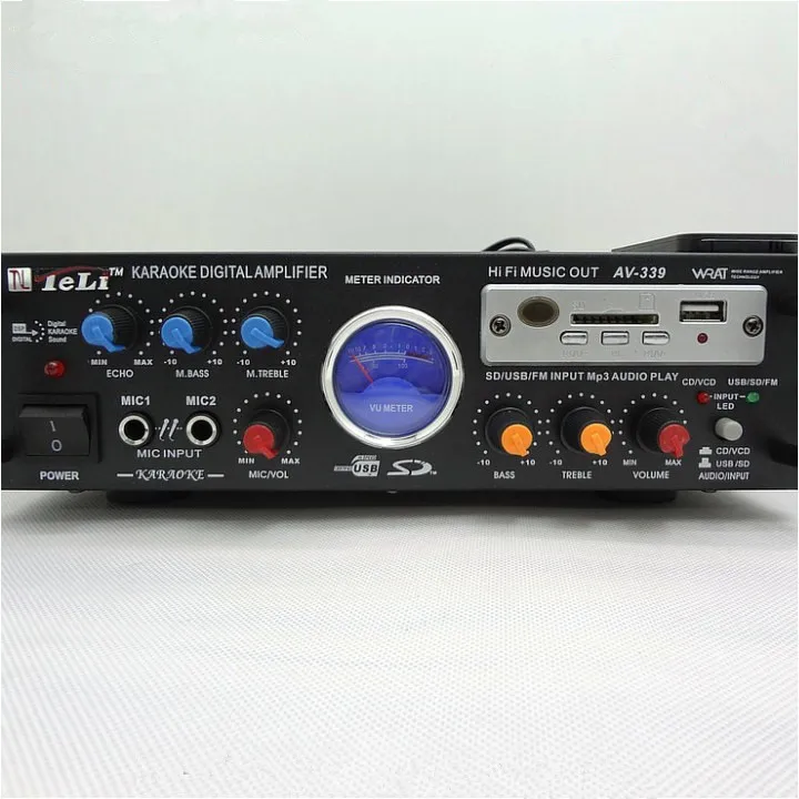 

DC12V / AC220V AV-339 80W+80W 2-channel remote control home Karaoke digital audio amplifier Support USB MP3 microphone input