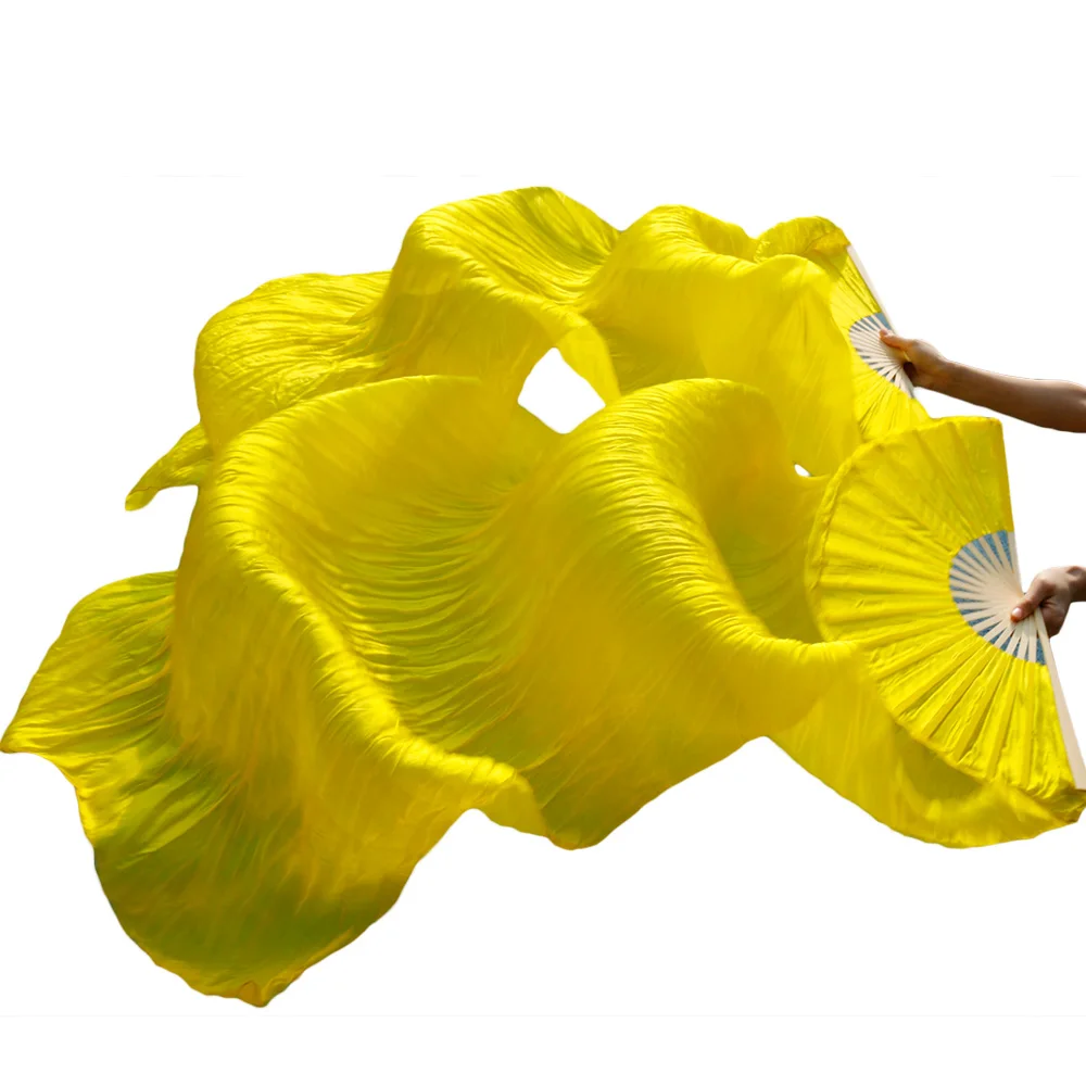 100% Silk Hot Selling Female High Quality Chinese Silk Dancing Fans 1 Pair Handmade Dyed Silk Belly Dance Fans Yellow 180*90 cm