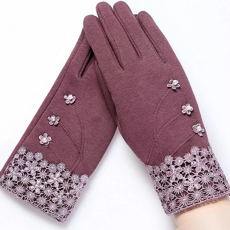 Guantes elegantes a la moda para mujer, manoplas de dedo completo con lazo de Cachemira, de encaje cálido para pantalla táctil, regalo de muñeca, 16A-F, Invierno