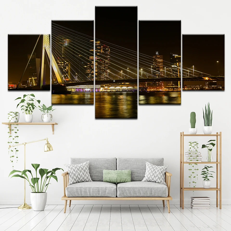 Canvas Painting City night view and bridge 5 Pieces Wall Art Painting Modular Wallpapers Poster Print for living room Home Decor