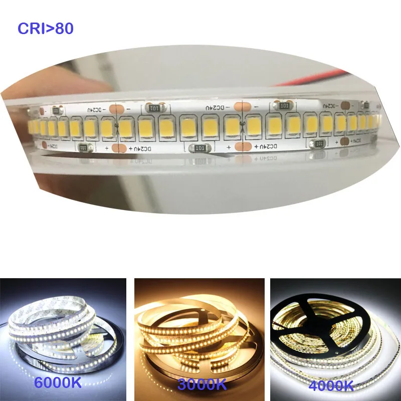 Tira de luces LED de alto CRI 80 + 1200LED, 5M, 12V, 24V, IP20, 2835, escaparate de luz Flexible, 22lm por tira de led, blanco