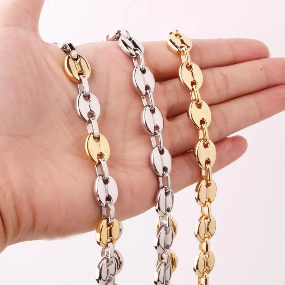 New Design Gold Color 11mm Wide Coffee Bean Beads Jewelry For Men Women Stainless Steel Chain Necklace 7