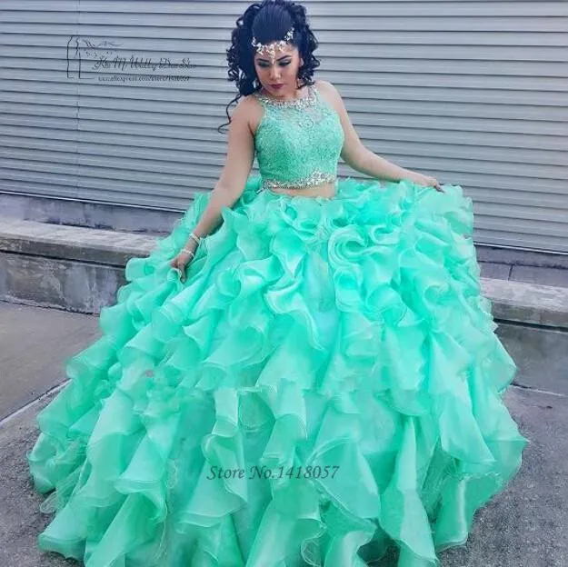 Vestido de baile turquesa, 2 piezas, quinceañera, volantes, Organza, encaje, quinceañera, dulce, 16 vestidos, baile de graduación, vestido de desfile