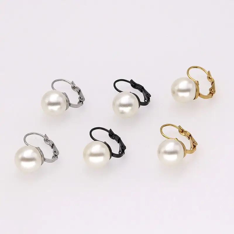 Wholesale Jewelry -- Titanium steel White Pearl Hoop Earrings For Women 18 k / White / Black Gold Color