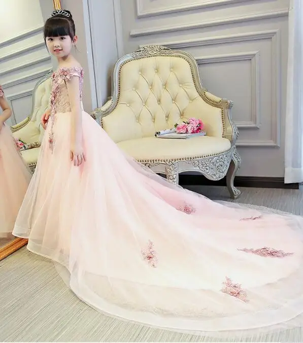 Pink Girls Shoulderless Wedding Dress Long Trailing Party Tulle Princess Birthday Dress Christmas Gown First Communion Dresses