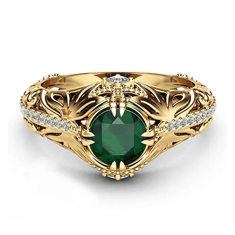 Retro Gold Color Ring green Stone AAA Zircon Copper Jewelry for Women Engagement Wedding bague bijoux size 6  7 8 9 10