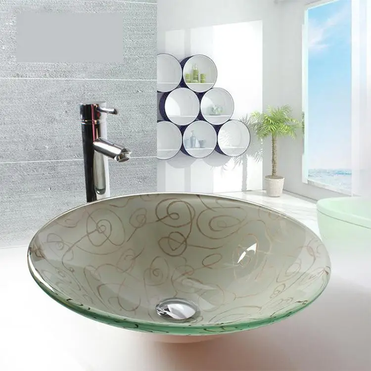 Bathroom rose pattern Artistic Glass Vessel Vanity Sink Chrome Faucet