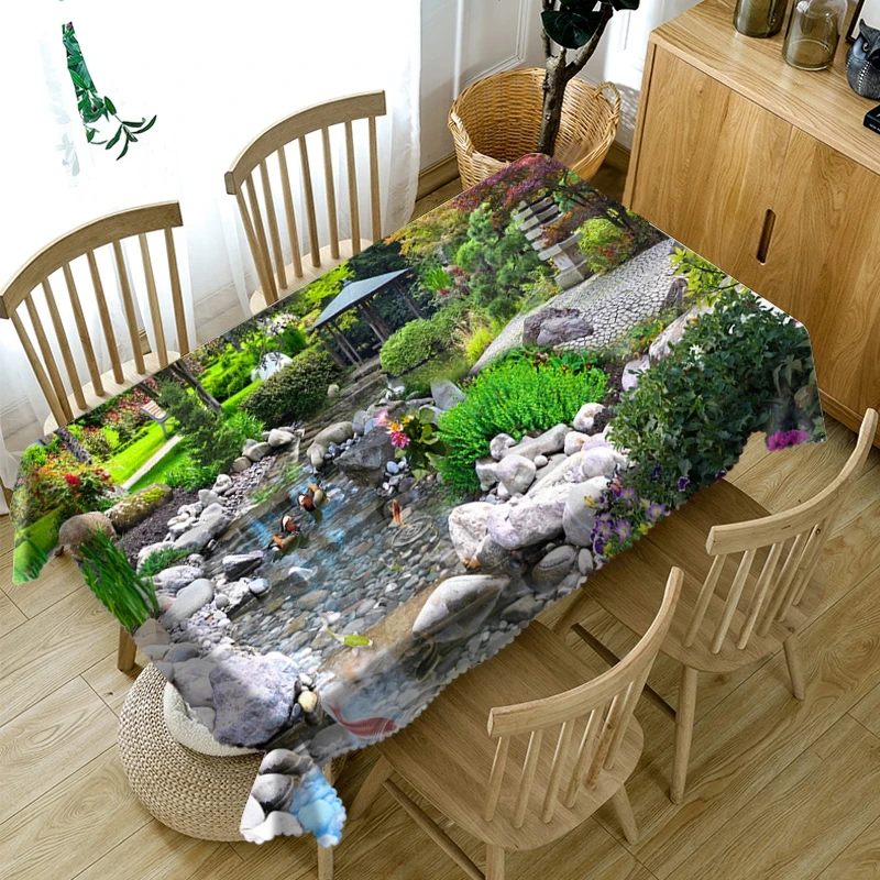 Manor Flower and Brook Thicken Cotton Tablecloth 3d Green World Seascape Waterproof Cloth Rectangular and Round Table Cloth