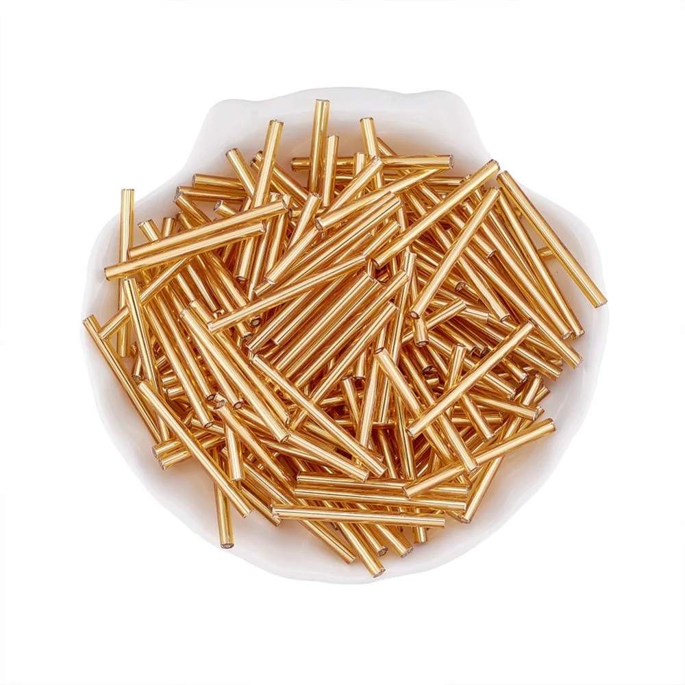 Approx 1400pcs/Pound Glass Bugle Seed Long Tube Beads Golden Bead about 3mm Wide, 31~34mm Long, Hole: 0.5mm