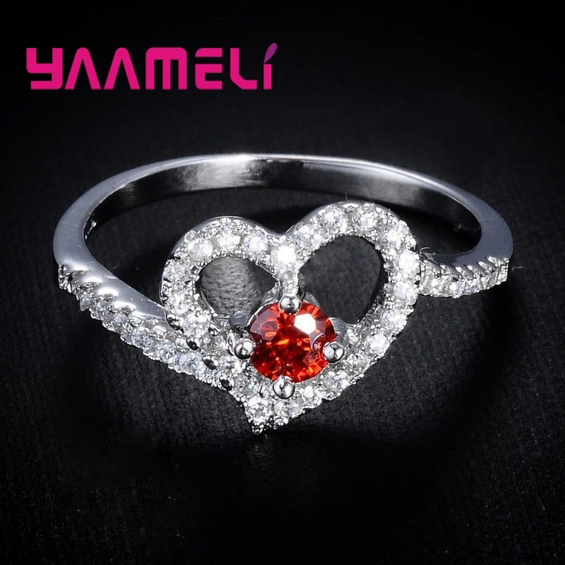 True Love Heart Shape 925 Sterling Silver Engagement Wedding Rings Jewelry For Women With Red Zircon Design