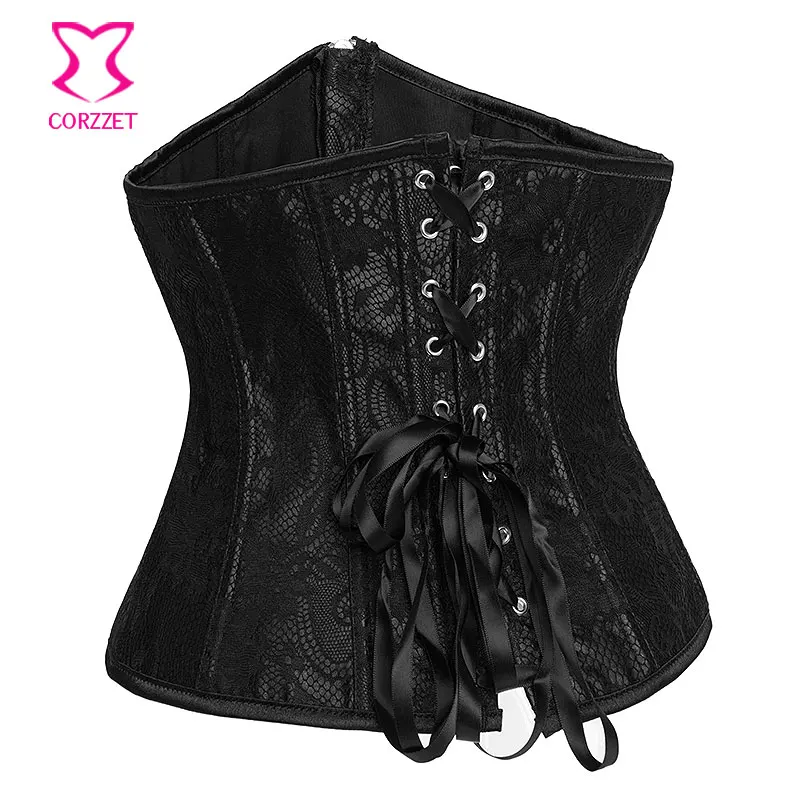 Black Satin&Floral Lace Overlay Underbust Corset Wait Trainer Sexy Waist Shaper Bustier Corpete Corselet Zipper Gothic Lingerie