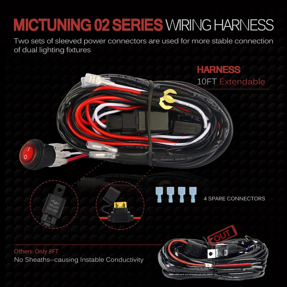 MICTUNING LED Light Bar Universal Wiring Harness Kit w/ Fuse 40A Relay On-off Waterproof Switch for Automotive Lamps Car Styling