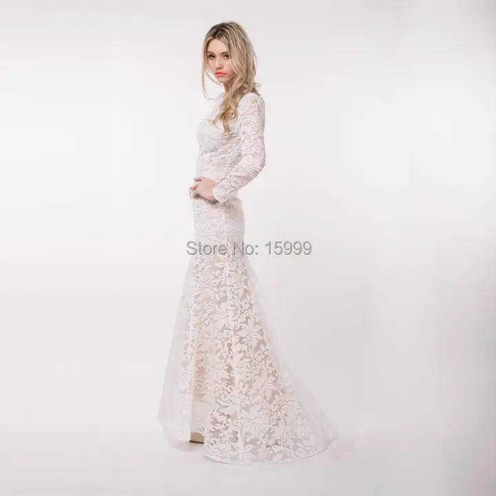 Vestido Sexy de manga larga para mujer, vestido Formal de encaje con cuello redondo y espalda descubierta para fiesta de noche, baile de graduación y boda, nuevo, largo Maxi