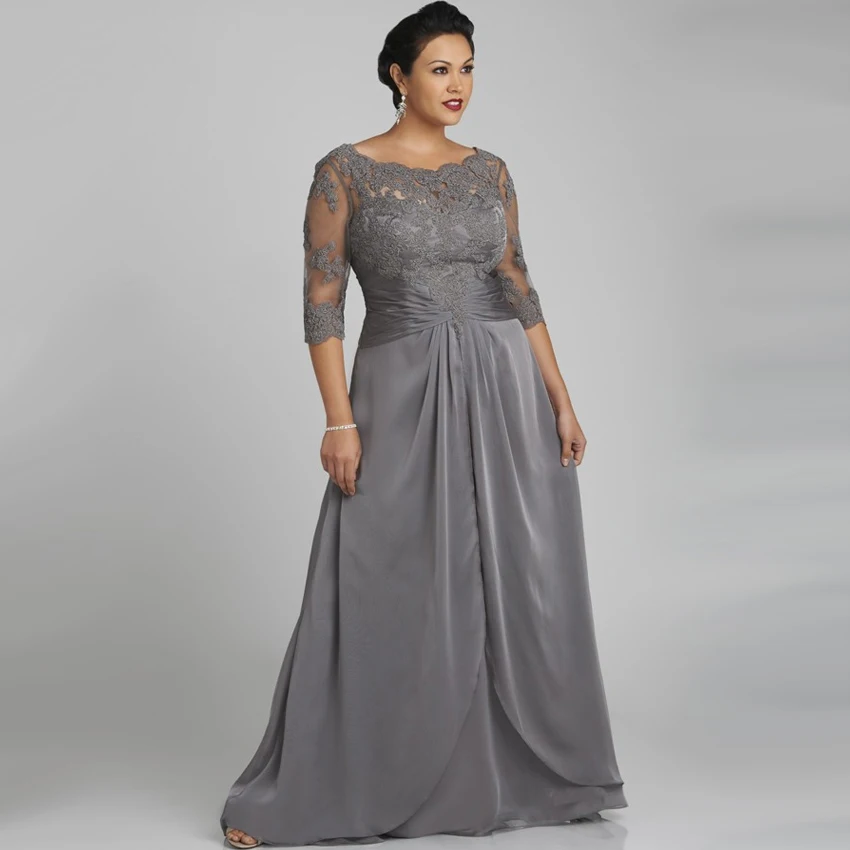 

Plus Size Evening Dresses Scoop With Lace Three Quarter Sleeve Grey Long Chiffon Vestido De Noche Free Shipping