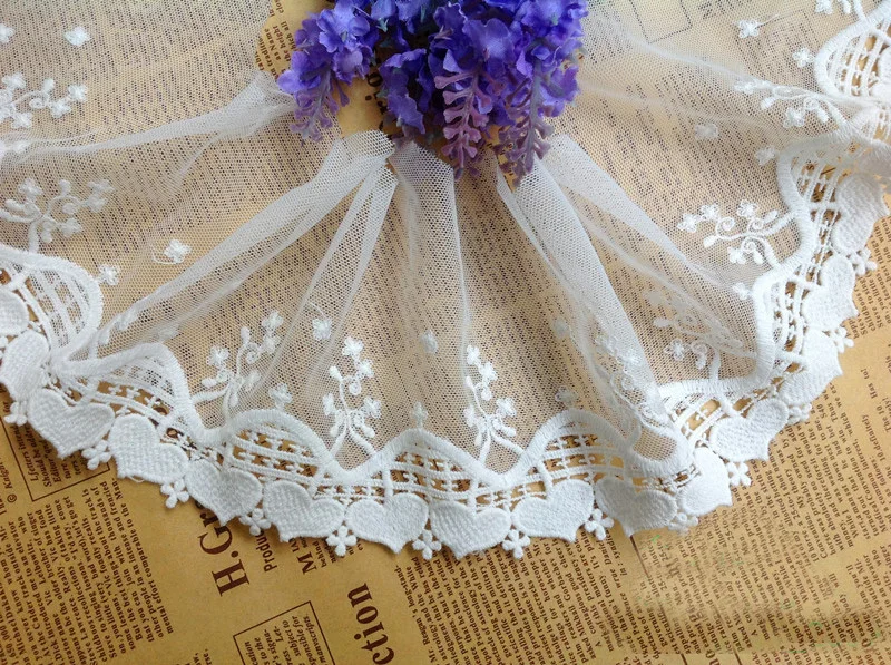 

5 yards/lot width 10cm 3.93" white heart cotton mesh embroidery lace trim fabric for dress /skirt clothes 1024112L4K507