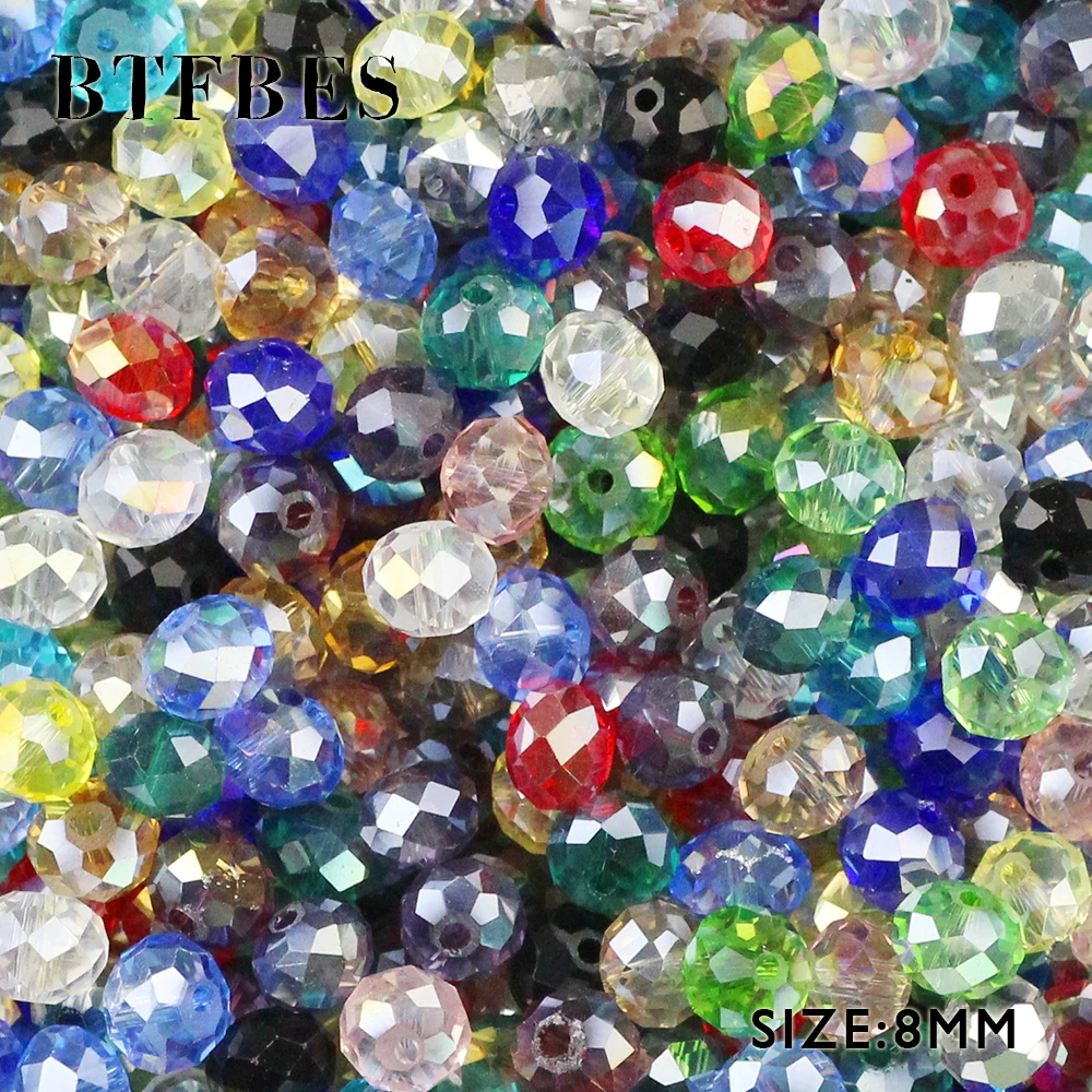 BTFBES Austrian Crystals 8mm 50pcs Faceted Flat Round glass Ball Loose Beads For Jewelry Bracelet earring Making Accessories DIY