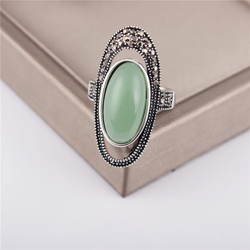 Ajojewel Vintage Jewelry Opal Green Cocktail Ring Black Rhinestone Rings For Women Mix Wholesale