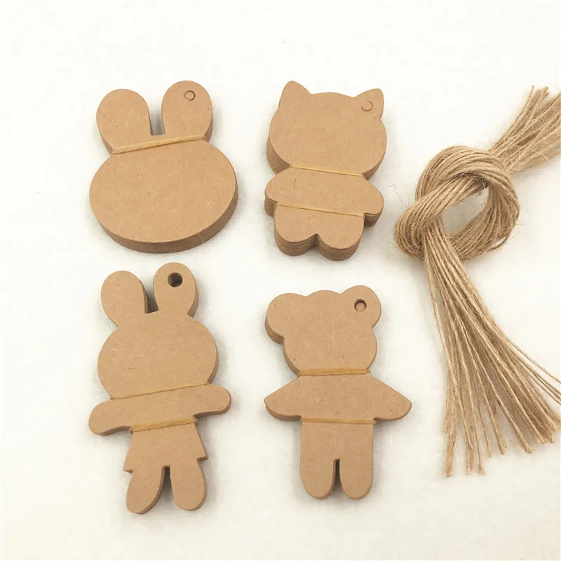 100Pcs/Lot Cute Bear Rabbit Shape Hang Tag Brown Multi Style Lovely Gift Garments Toy Packing Labels Tags+100Pcs Hemp Strings