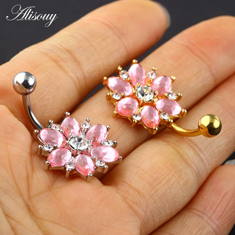 Alisouy 1PCS Surgical Steel Body Piercing Jewelry Flower Navel Belly Bar Pircing Belly Piercing belly button rings for girls