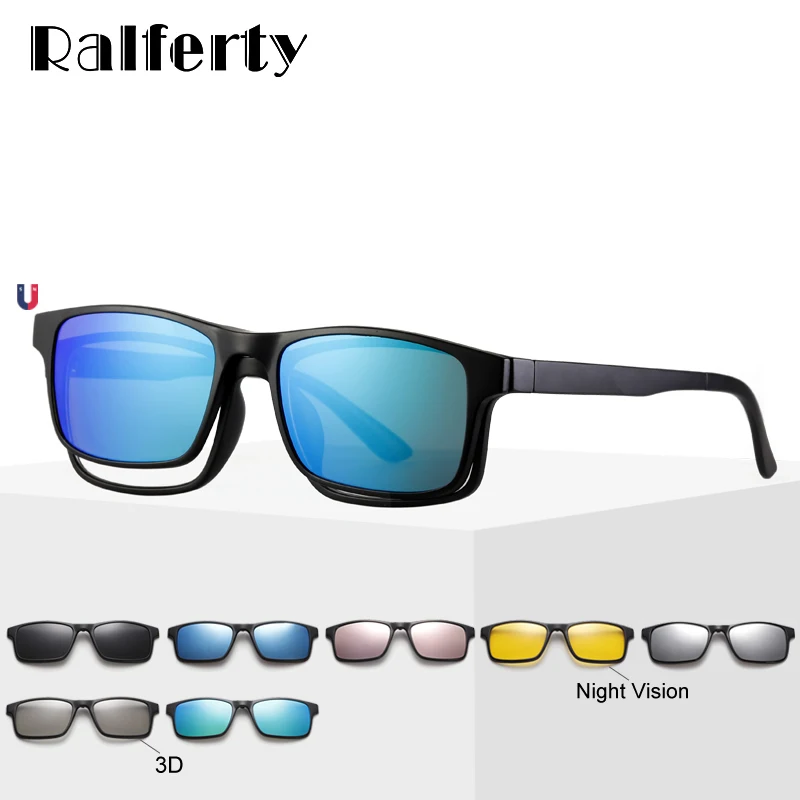 Ralferty Magnet Sunglasses Men Polarized Clip On Glasses Women Square Eyeglass TR90 UV400 3D Optic Frames 7 In 1 Oculos A2247