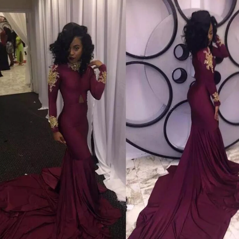 2019 Fashion Women Wine Red Prom Dress Sexy South African Gold Appliques Burgundy Long Formal Evening Party Gown Custom Made