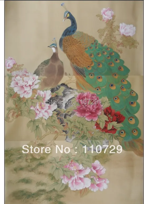 Hand-painted silk wallpaper painting Peacock wall cover sticker