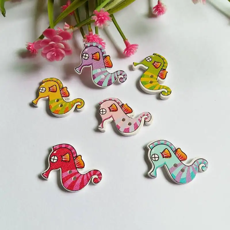 50pcs Mixed Seahorse Painting Wooden decorative Buttons For Sewing Handmade Scrapbooking for Crafts Supplies 25x27mm