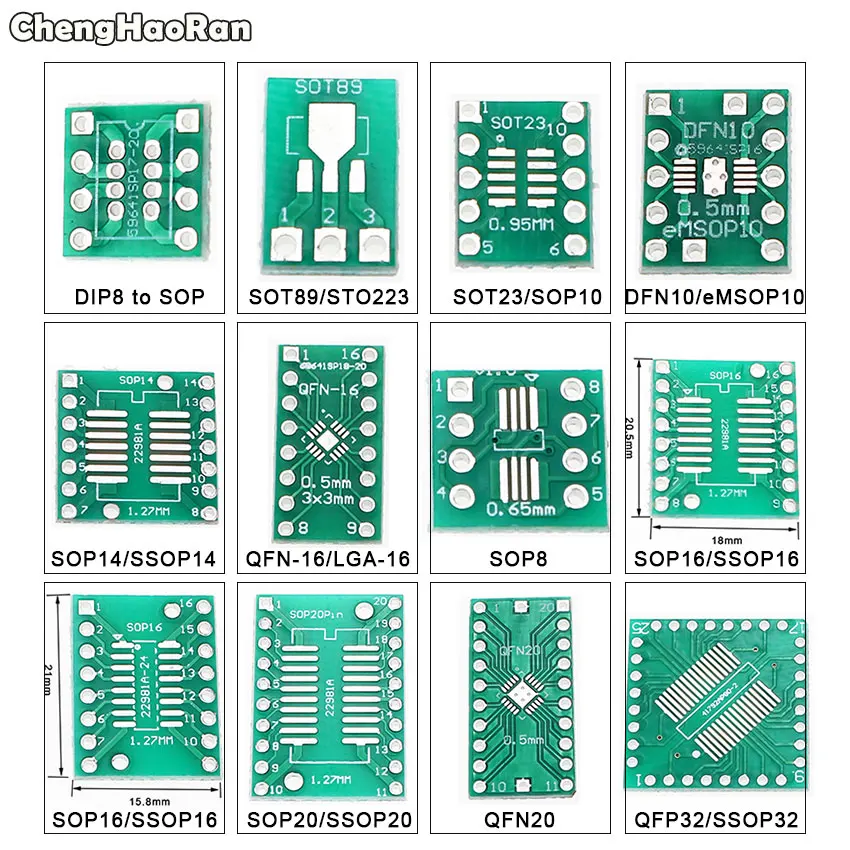 ChengHaoRan SOT89 SOT23 SOP8 SOP14 SOP16 SSOP20 32 to DIP PCB Transfer Board DIP 8/10/16/20 Pin Board Pitch Adapter Keysets