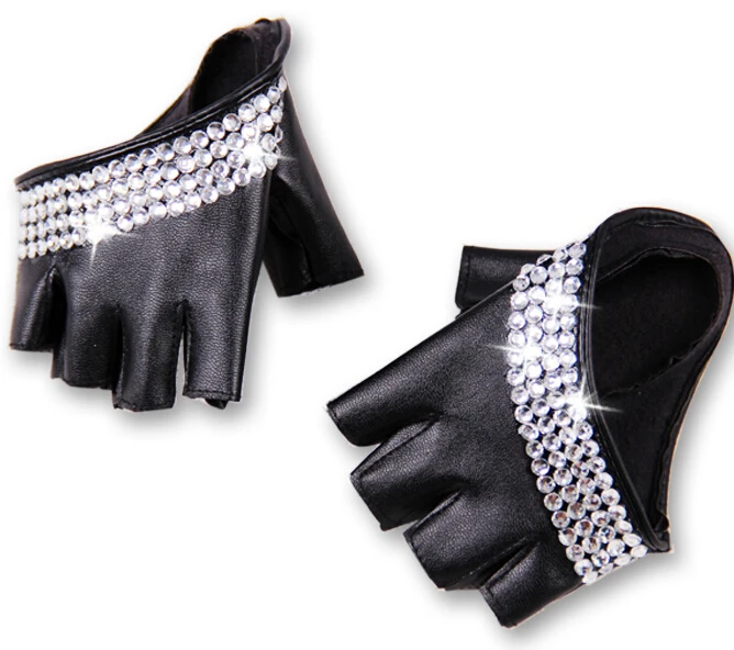 women\'s fashion half palm semi- finger pu leather Rhinestone gloves men\'s fingerless hip-hop personality diy gloves