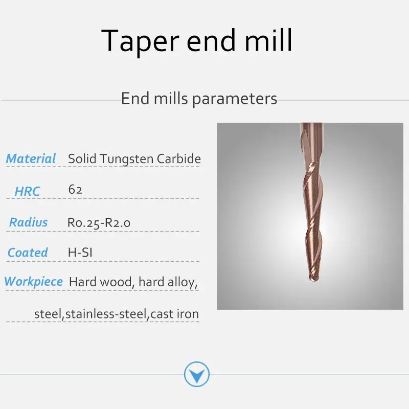 5pcs/Lot H-SI Coated R0.25*D6*30.5*75L*2F Solid Carbide 6mm Ball Nose Tapered End Mills Router Bits Taper Wood Metal Mill Cutter