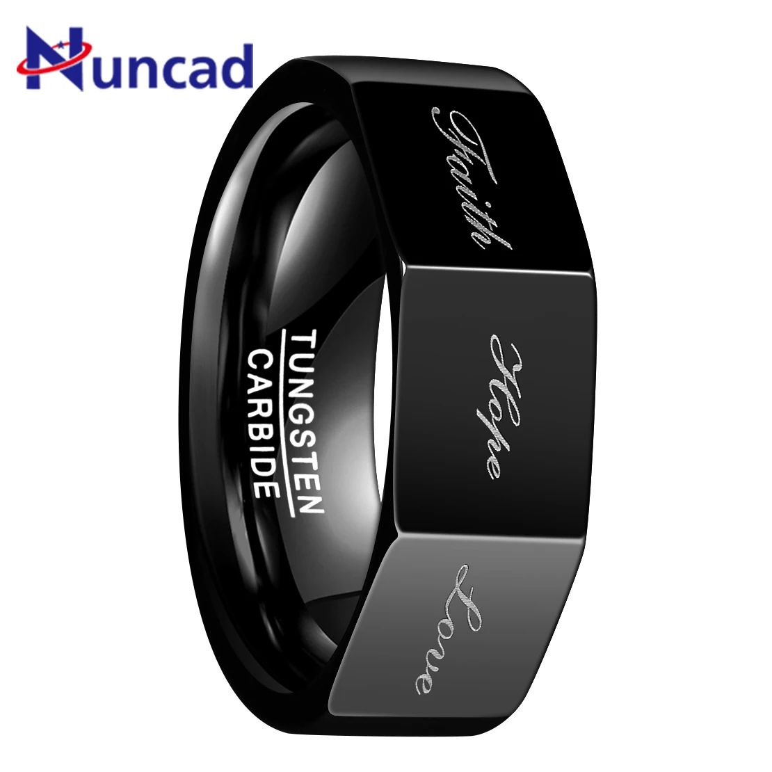 Black Color 8MM Wide Polished Three-sided Lettering Faith Hope Love Tungsten Steel Ring Men Carbide Party Ring