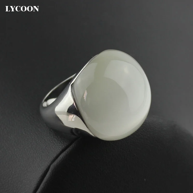 LYCOON Fashion high quality woman opals jewelry ring 316L stainless steel with white cat\'s eyes stone in ball shape big rings