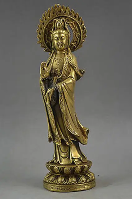 Elaborate Chinese Handwork Copper Vivid Kuan-Yin Standing On Lotus Pray Statue