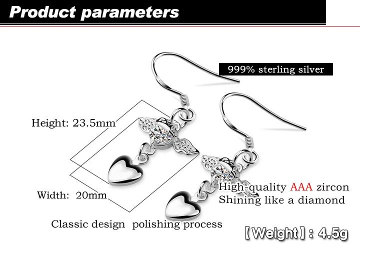 new women's 925 sterling silver earrings heart angle zircon earring drop style Solid Tremella Not Allergic Women's Jewelry gift