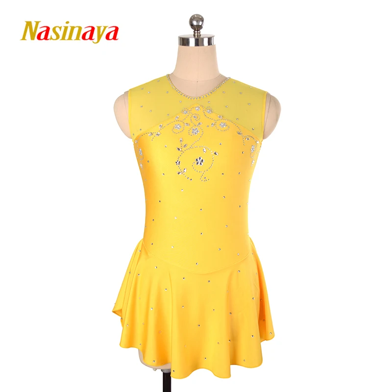 Figure Skating Dress Girl Sleeveless Rhinestone Skirt Spandex Dance Dress Sexy Yellow Skating Dress