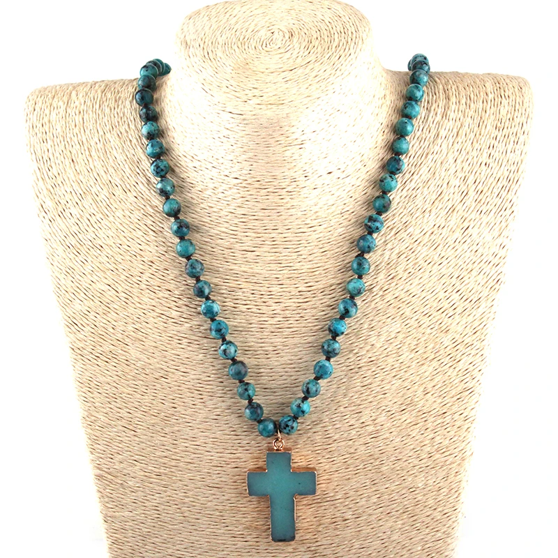 Fashion Bohemian Tribal Jewelry Stone long Knotted Stone Cross Pendant Necklaces Women Ethnic Necklace